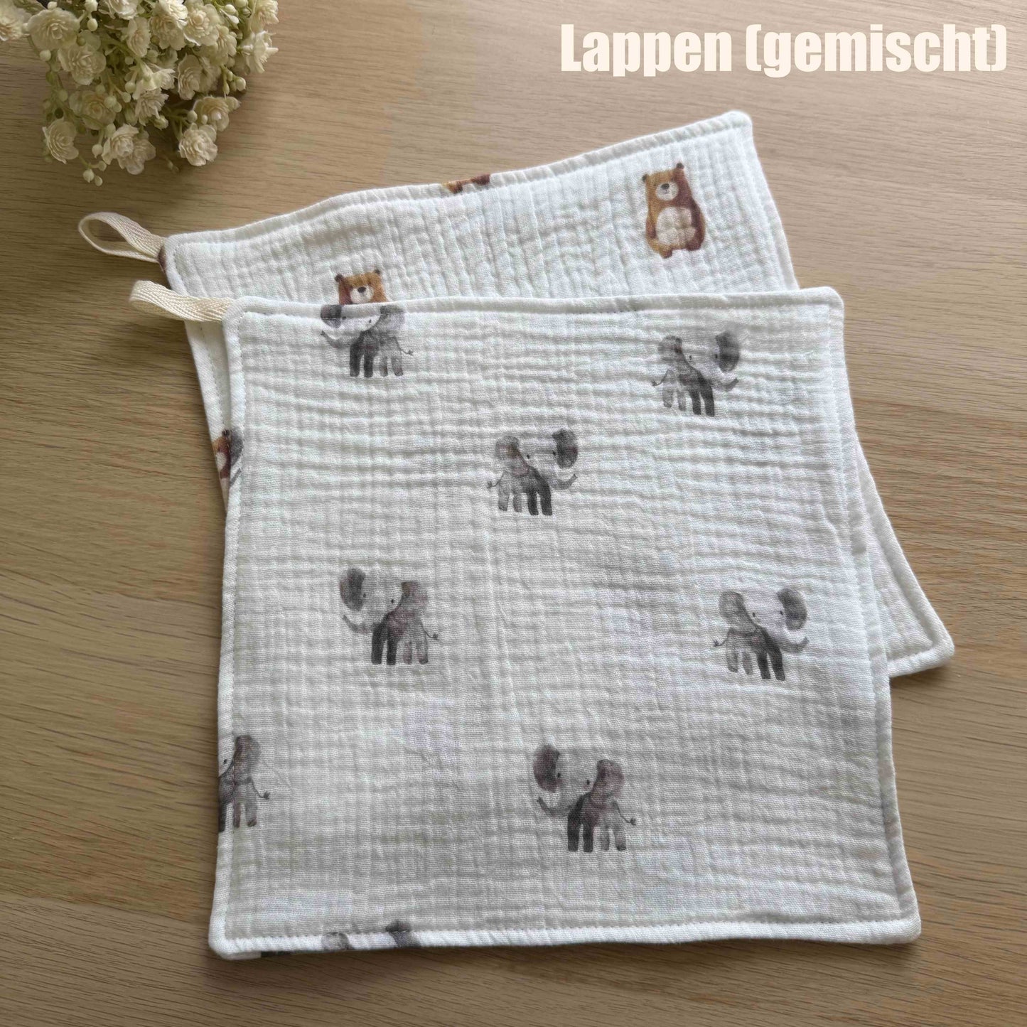 Musselin Waschlappen 2er Set "Elefant und Teddy"