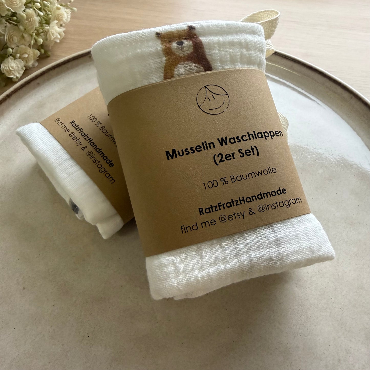 Musselin Waschlappen 2er Set "Elefant und Teddy"