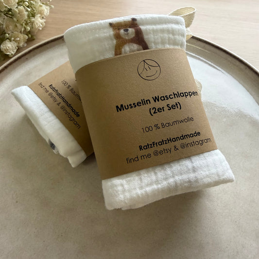 Musselin Waschlappen 2er Set "Elefant und Teddy"