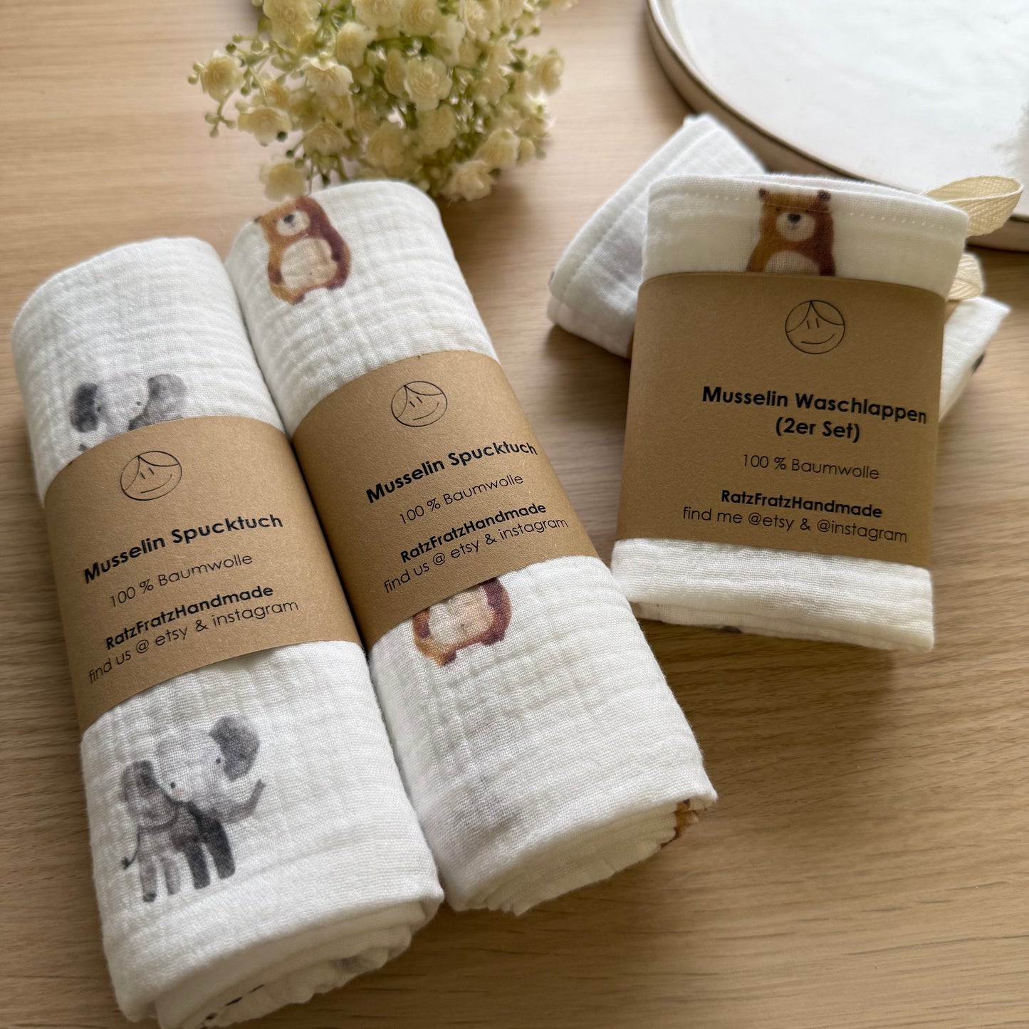 Musselin Spucktücher "Elefant und Teddy"